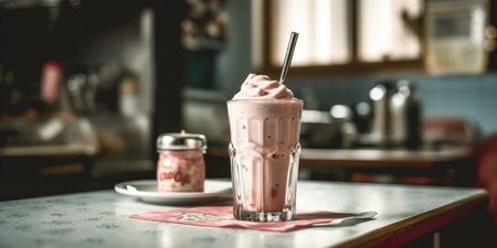 Iced strawberry milkshake in a glass on the table. Generative AIの素材