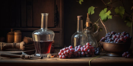 Wine and grapes on a wooden table in a rustic style. Generative AIの素材