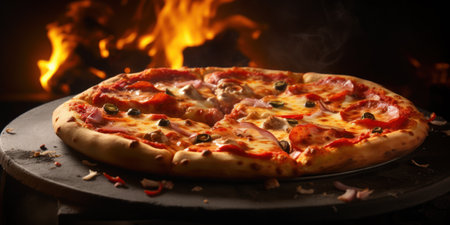 Delicious pizza with salami and olives on the table, closeupの素材