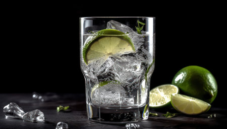 Image showcases a glass brimming with effervescent mineral water, enhanced with ice and slices of zesty fresh lime. Set against a sleek black background, this photo embodies the invigorating and revitalizing experience of savoring a sparkling drink on a hot summer day. Generative AIの素材