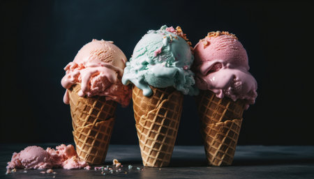 This vibrant image showcases three mouthwatering ice cream cones in crispy wafers on a dark background. A delightful treat that appeals to all ages, these ice cream cones are a symbol of sweetness and indulgence. Generative AIの素材