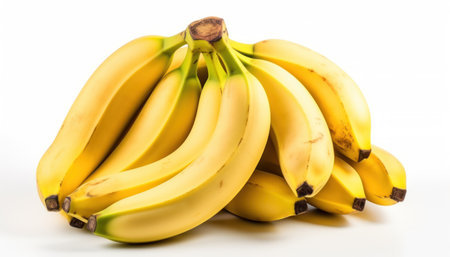 A high-quality image showing a bunch of ripe bananas against a clean, white background. The image highlights the freshness and natural appeal of the fruit.の素材