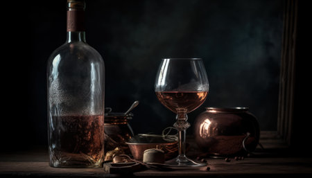 This still life image captures the essence of wine, featuring a wine glass and bottle on an antique table. In the style of a classic still life, the scene exudes tranquility and showcases the beauty of this beverage. Generative AIの素材