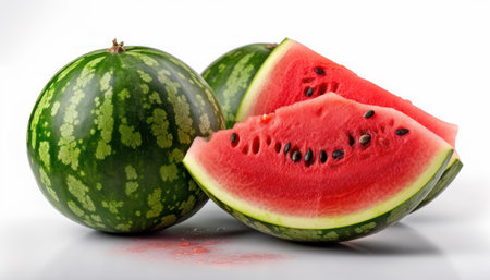 An enticing studio-quality image showcasing both whole and sliced ripe, juicy watermelons against a clean, white background. The bright color contrast highlights the freshness and appeal of the fruit.の素材