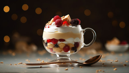 An enticing image of a dessert featuring a cream base with whipped cream and pieces of fruit, all served in a glass dessert dish. The photo captures the delightful blend of textures and flavors in this delightful sweet treat.の素材