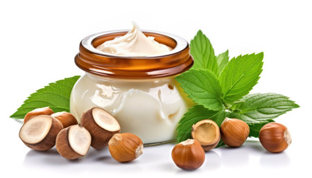 An appetizing image featuring a collection of hazelnuts and a jar of creamy hazelnut spread set against a clean white background. The photo perfectly captures the delight of this popular spread and its main ingredientの素材