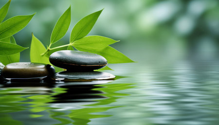 An image of natural basalt stones gently submerged in tranquil water against a background of bamboo leaves. This calming scene is designed to convey relaxation and serenity.の素材