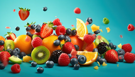 A colorful, attractive mix of fresh fruits - strawberries, oranges, raspberries, blackberries, blueberries, and kiwi on a contrasting blue backgroundの素材