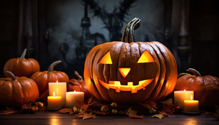 An image featuring an intricately carved Halloween pumpkin placed alongside regular pumpkins and surrounded by candles. This festive arrangement captures the Halloween spirit with a mix of spooky and traditional elementsの素材