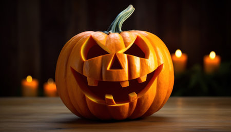 The image features a carved pumpkin, typical of Halloween decor. The pumpkin has a menacing smile and eerie eyes carved into it. It rests on a wooden table, with lit candles in the background, creating an atmosphere of mystery and magicの素材