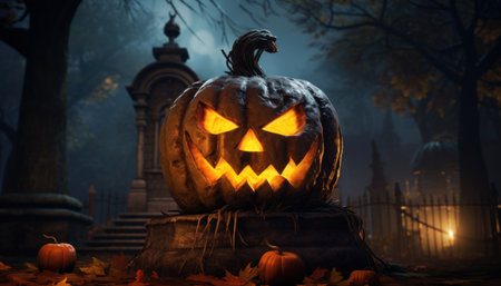 Halloween pumpkin positioned within a cemetery, embodying the quintessential symbols of Halloween. The juxtaposition of the pumpkin's warm glow against the cemetery's eerie atmosphere captures the essence of this holidayの素材