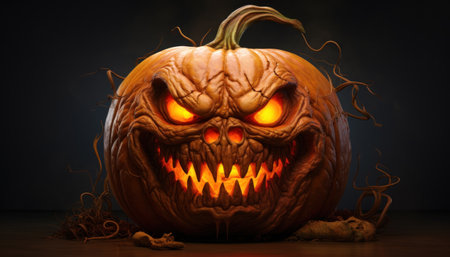 Halloween pumpkin carved with a wicked and diabolical grin. This eerie jack-o'-lantern captures the sinister and playful spirit of Halloweenの素材