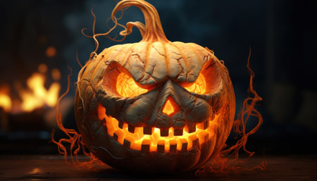 Halloween pumpkin set against a backdrop of roaring flames. The fiery atmosphere adds a dramatic and intense element to this Halloween-themed sceneの素材