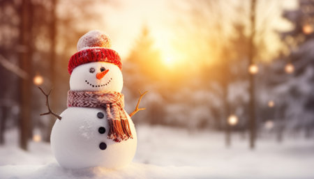 Small and endearing snowman, symbolizing the spirit of Christmas, set against a serene winter backdrop. This charming scene captures the magic of the holiday seasonの素材