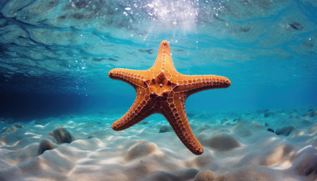 Starfish thriving in its natural underwater habitat. This captivating scene invites viewers to explore the mysteries of the ocean depths and admires the beauty of marine life. Perfect for underwater enthusiasts, marine biology projects, and ocean conservation initiativesの素材