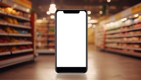 A modern illustration depicting a smartphone with a blank white screen inside a bustling supermarket, with store shelves in the background. This digital shopping scene represents the convenience of technology in the retail environment, allowing you to customize the screen with any content you desire. Ideal for showcasing shopping apps, promotions, or retail-related designsの素材