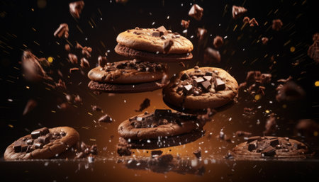 Airborne cookies, symbolizing the joy of sweetness and confectionery delights. These cookies come with a delightful chocolatey splashの素材