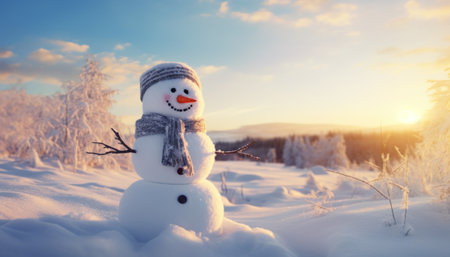 Cute winter snowman against the backdrop of a serene snowy landscape. This delightful scene captures the magic of a winter wonderlandの素材