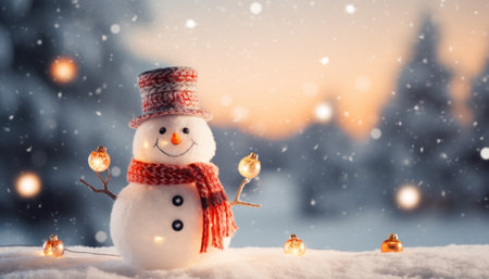 Small and endearing snowman, symbolizing the spirit of Christmas, set against a serene winter backdrop. This charming scene captures the magic of the holiday seasonの素材