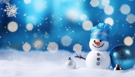 Delightful snowman surrounded by Christmas baubles in a picturesque winter wonderland. This charming scene embodies the holiday spirit and the enchantment of the season. Perfect for holiday greetings, seasonal designs, or conveying the magic of winter festivalsの素材