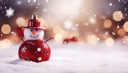 Snowman crafted from Christmas baubles set against a snowy backdrop. This creative winter craft captures the playful and artistic side of holiday decorations. Perfect for DIY holiday projects, festive designs, or conveying the joy of holiday crafting.の素材