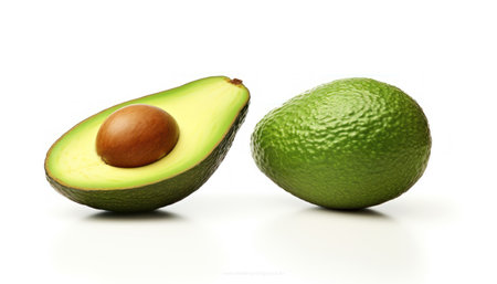 Whole, ripe avocado alongside a halved one, revealing its nutritious pit. This image captures the freshness and health benefits of avocados, making them an ideal choice for a balanced diet. Perfect for food-related designs, healthy eating promotions, or conveying the appeal of nutritious fruitsの素材