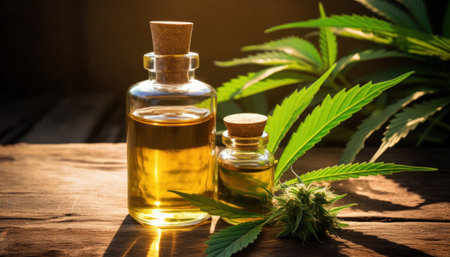 A botanical illustration featuring Indian hemp leaves and a small bottle of CBD oil on a rustic wooden table. This scene conveys the essence of natural wellness and the therapeutic properties of CBD. Ideal for health and wellness designs, herbal medicine promotions, or conveying the benefits of holistic well-beingの素材