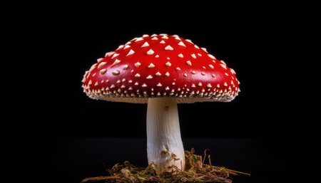 fly agaric mushroom set against a dramatic black background. This captivating image highlights the distinctive features of the mushroom, creating a visually striking and mysterious atmosphereの素材