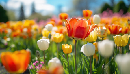 A vibrant and enchanting view of a field adorned with a variety of blooming, colorful tulips. This lively image showcases the beauty of nature in full bloom, creating a joyful and captivating sceneの素材