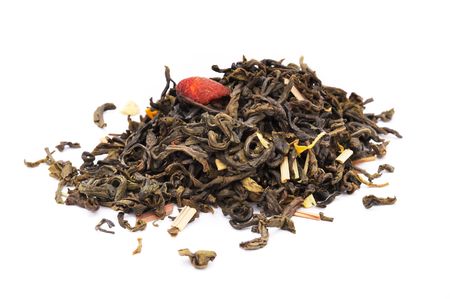 Loose Green Tea with Citrus Peels and Flower Petals Isolated  on White Background