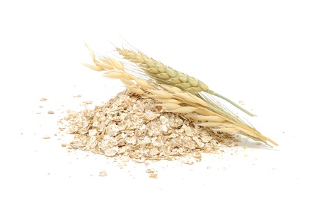 Wheat, Oat And Rye Flakes with Ears Isolated on White Background