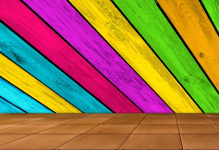 Creative Background - Multicolored Wooden Wall and Tiled Floorの写真素材
