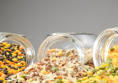 Glass Jars with Assorted Cereals (Lentils, Rice, Split Peas)の写真素材