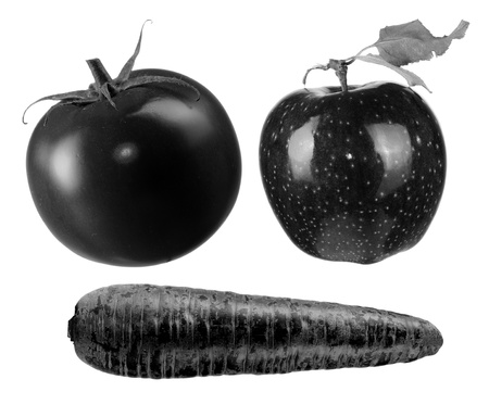 Black Tomato, Apple and Carrot Isolated on White Backgroundの写真素材