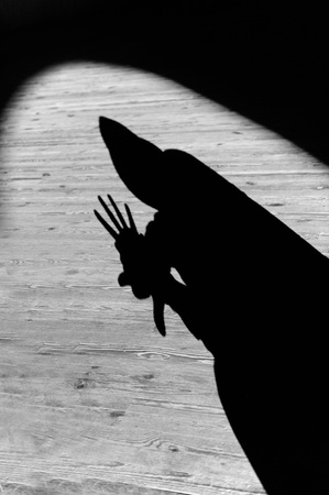 Spotlit Black Hooded Gesturing Silhouetteの写真素材
