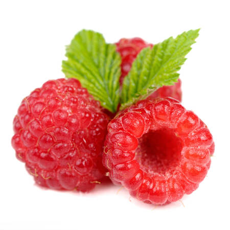 Red Raspberries with Green Leaves Close-Up Isolated on White Background