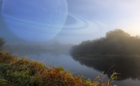 Fantastic Scenery with Large Planet in the Sky over Quiet Riverの写真素材