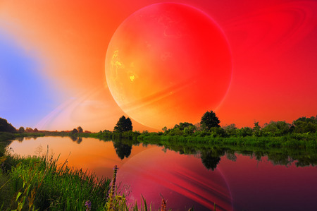 Fantastic Landscape with Large Planet over Tranquil Riverの写真素材