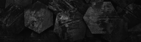 Extra-dark wide black and white hexagonal grungy tile background (3D render)