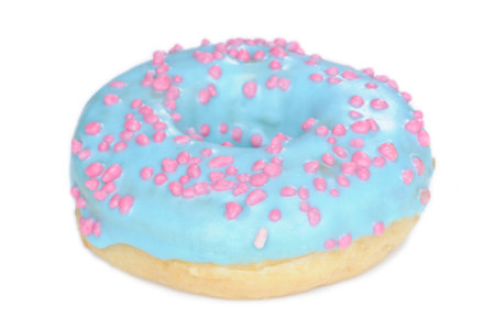 Fresh donut covered with blue icing isolated on white backgroundの写真素材