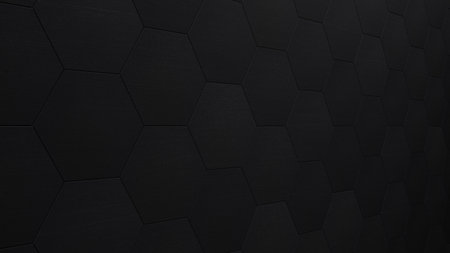 A dramatic 3D illustration featuring a dark black hexagon metal tiled tilted wall, combining...