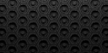 Striking 3D illustration featuring a dark black hexagonal background with a futuristic industrial...