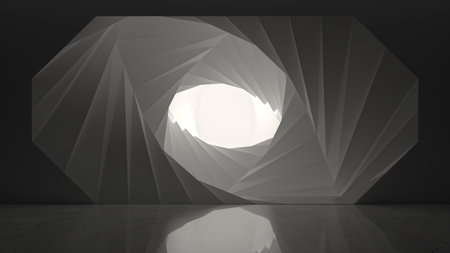 Futuristic, geometric tunnel with angular surfaces converging towards a bright central light, set against a dark background, creating a striking play of light and shadow with copy space (3D illustration)の写真素材