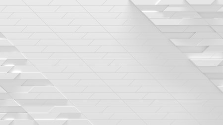 Minimalist, white geometric background with a pattern of diagonal lines and rectangular blocks, creating a subtle play of shadows and light (3D Illustration)の写真素材