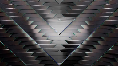 High-tech background with a symmetrical pattern of metallic triangular panels, creating a futuristic design with reflective surfaces in shades of black and grey (3D Illustration)の写真素材