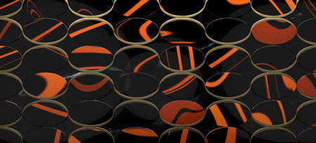 3D illustration of a pattern of circular shapes with black and orange swirls, set within gold rings against a dark background, creating a futuristic and high-tech textureの写真素材