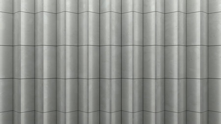 Modern 3D background illustration of vertical, ridged, metallic panels, creating a three-dimensional effect with light gray shading and thin dark lines. The design has a minimalist and industrial aesthetic with clean lines and a geometric appearanceの写真素材