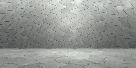 3D illustration showcasing a modern minimalistic background with a grey concrete wall adorned with a wavy line, complemented by a patterned floor, creating a sleek and sophisticated visual appealの写真素材