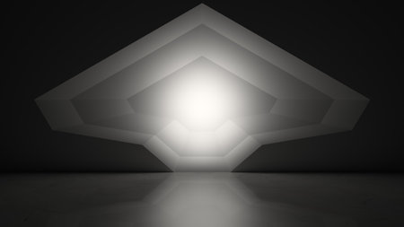 A clean, minimalist monochrome 3D illustration featuring layered, angular geometric shapes with a central light source and marble floor, creating a futuristic and high-tech ambiance with copy spaceの写真素材