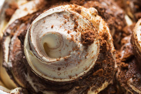 Cookie flavour gelato surface - full frame detail. Close up of a white and brown Ice cream with crispy chocolate pieces.の写真素材